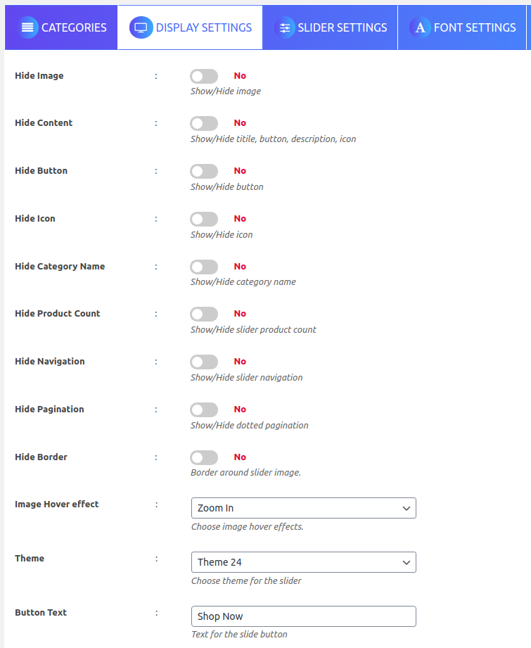 Display Settings in product category slider for woocommerce