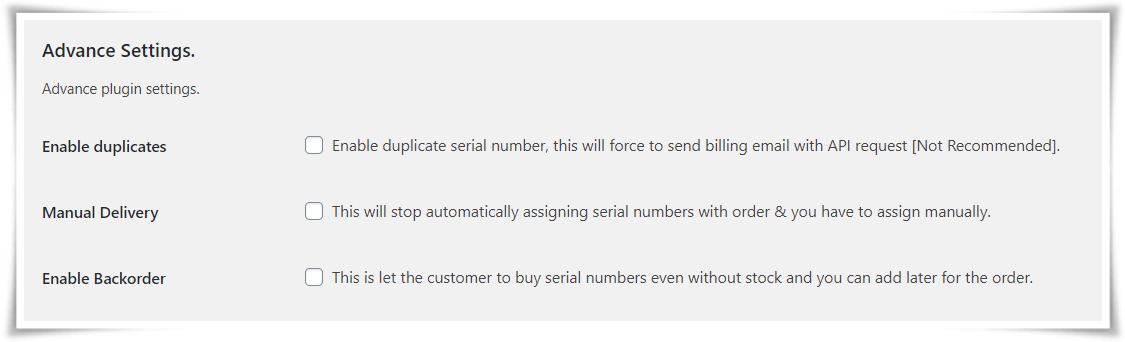 Advanced Settings of WooCommerce Serial Number