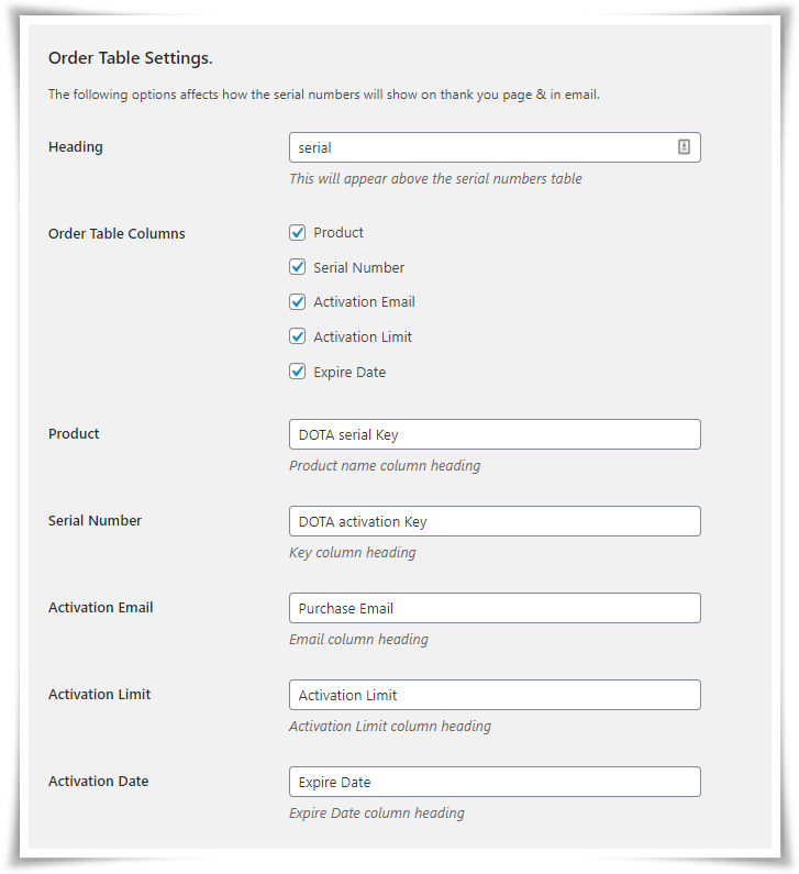 Order Table Setting for WooCommerce Serial Number