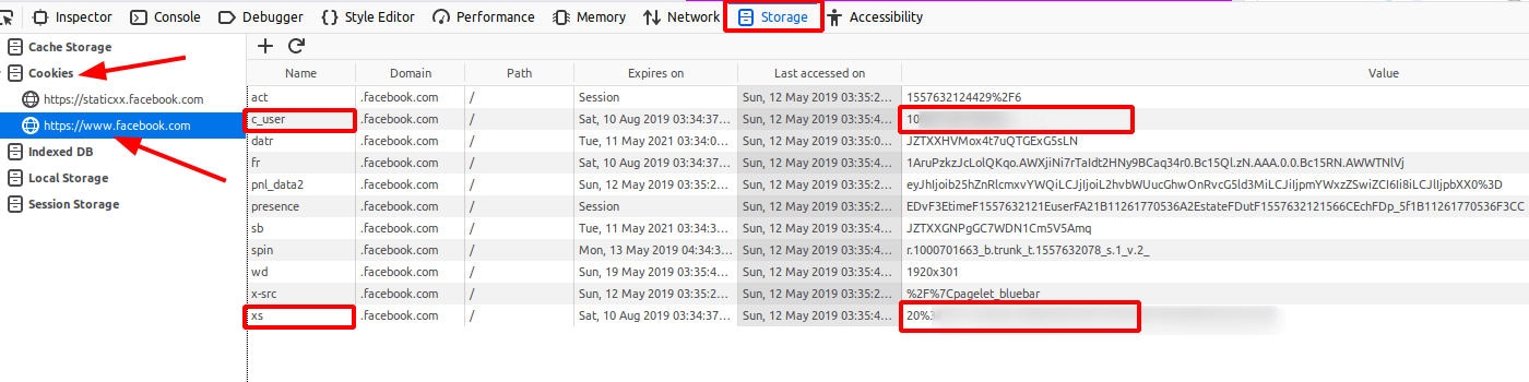 Facebook Cookie retrieval Firefox