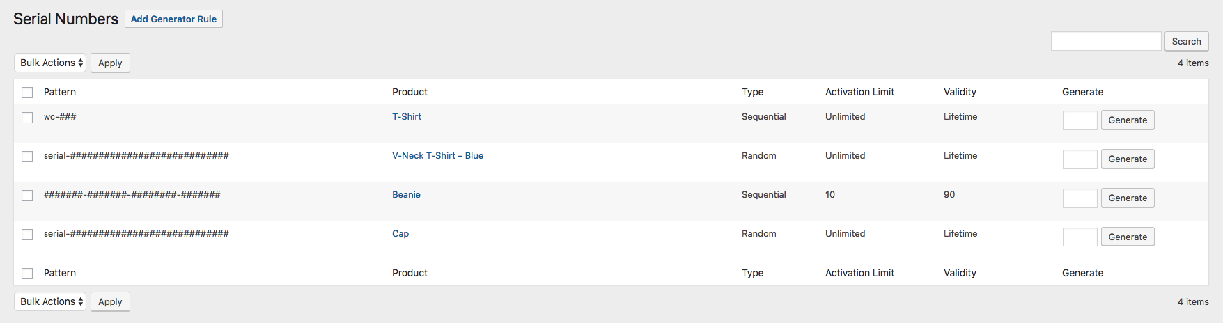 You can generate bulk serial numbers from a custom pattern