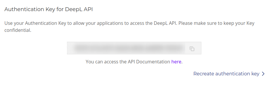DeepL API in your account section