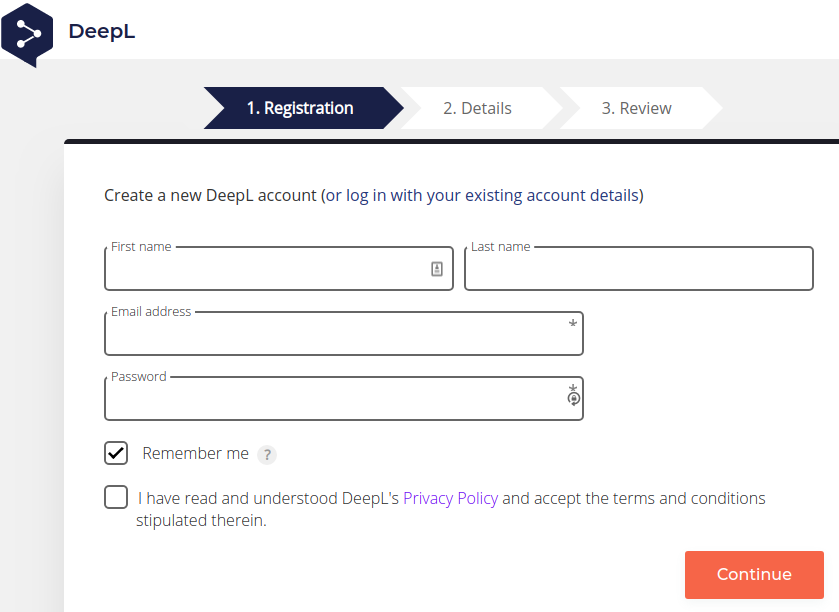 DeepL registration window