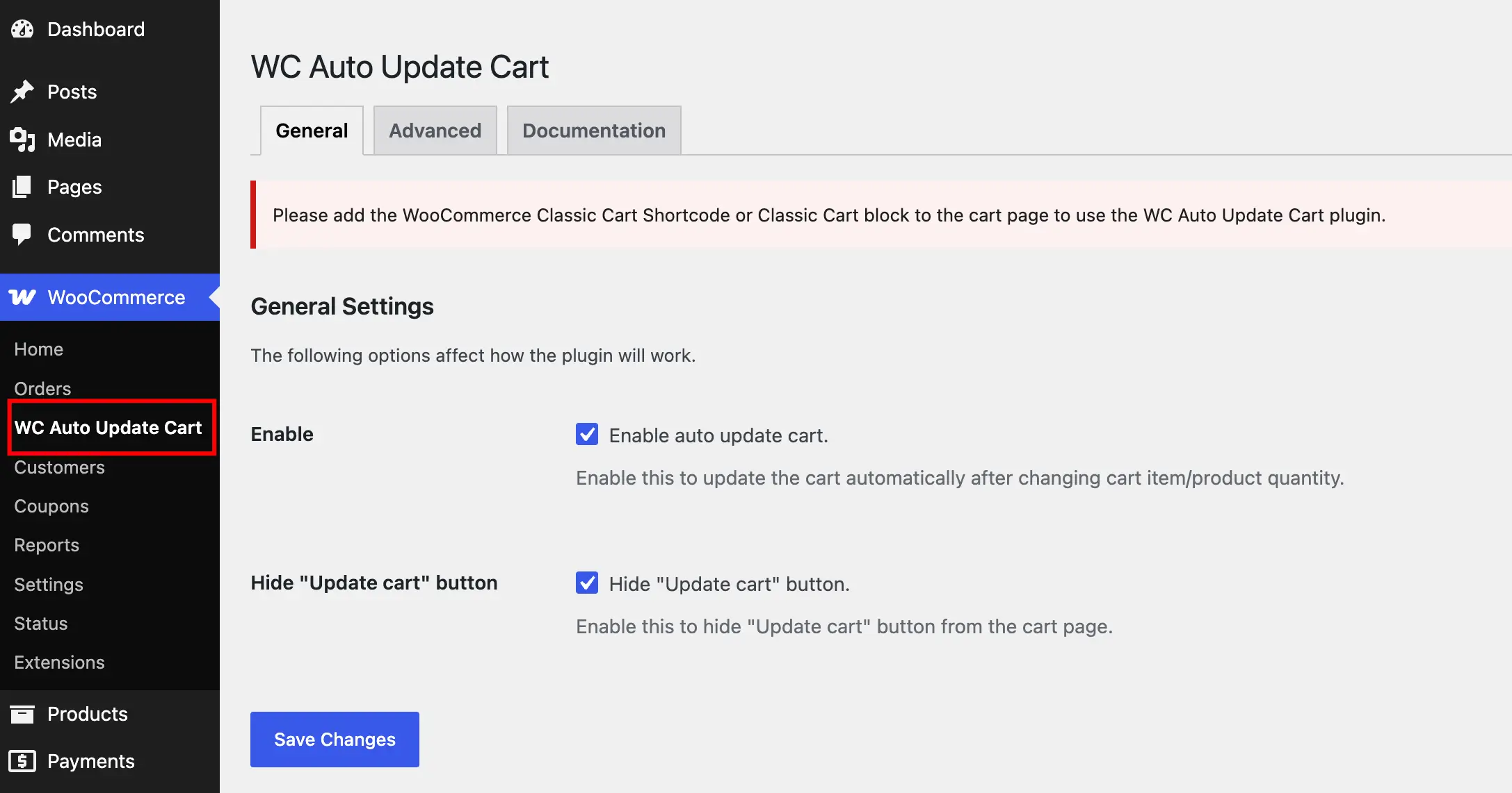 Navigate to the WC Auto Update Cart