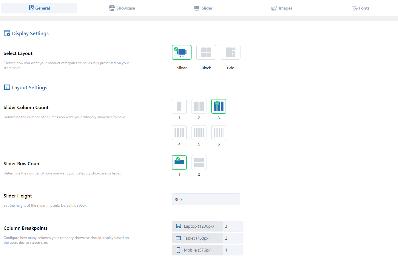 Slider Layout Settings
