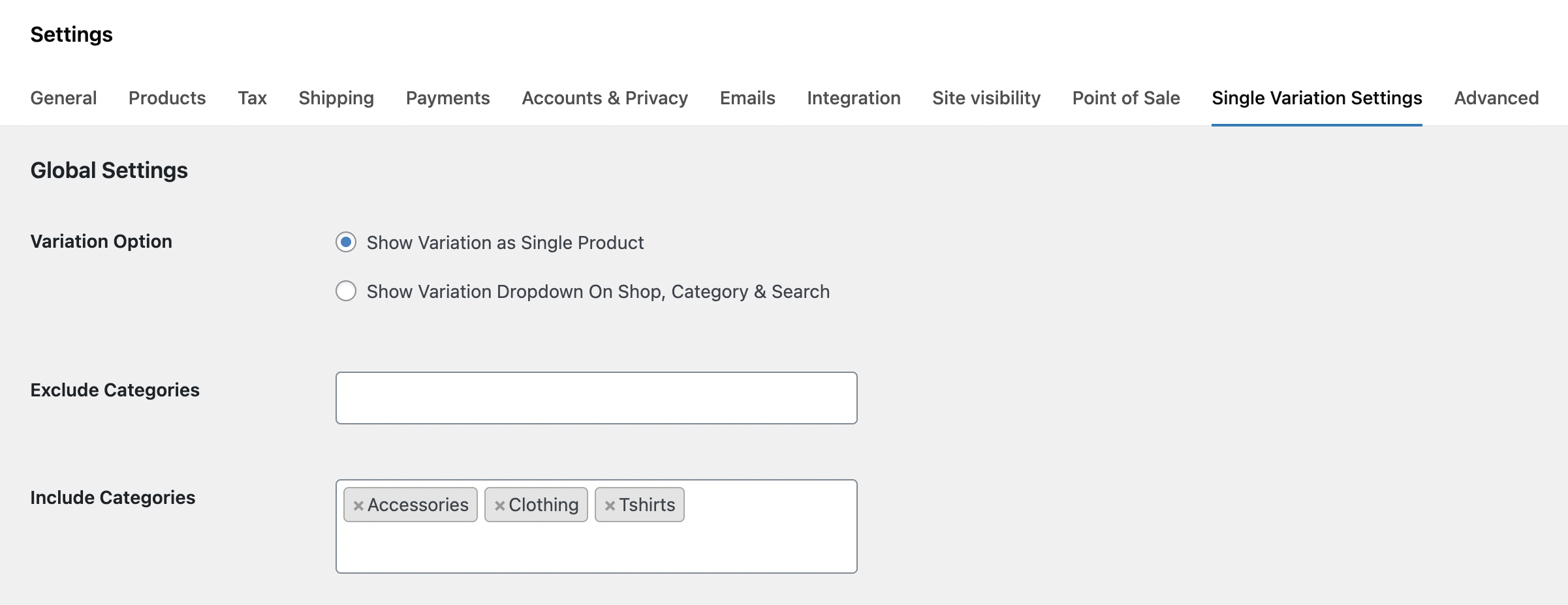 Configure Single Variation Display