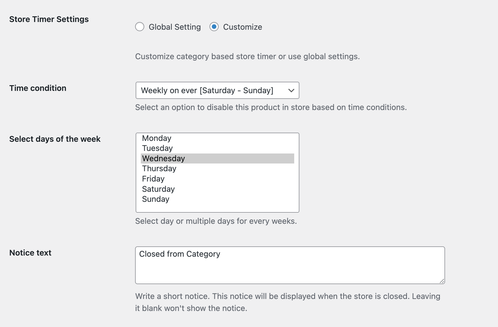 Category Level Store Timer Settings
