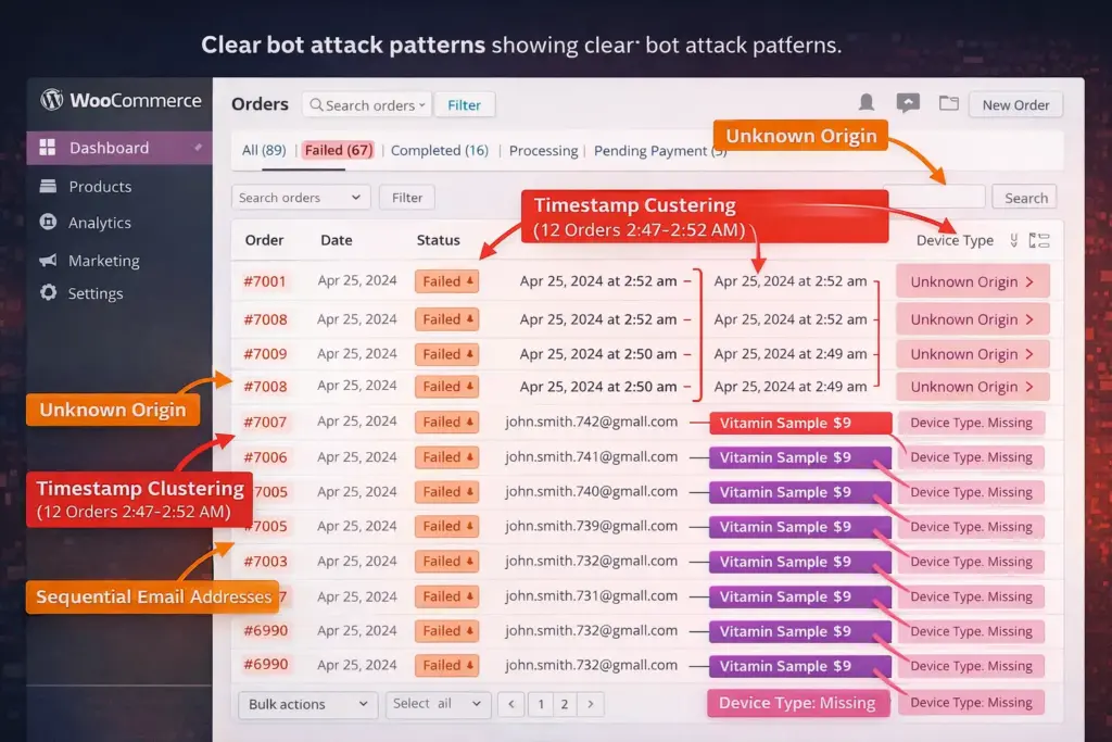 Annotated WooCommerce dashboard showing bot attack pattern indicators