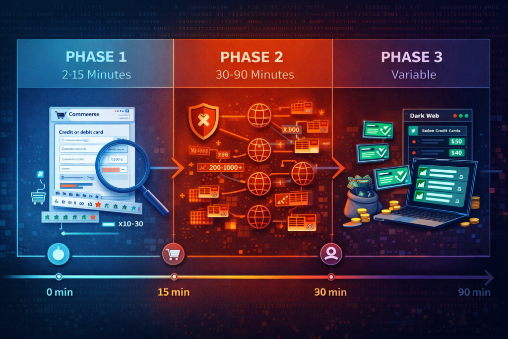 Three-phase timeline of bot-driven card testing attack on WooCommerce