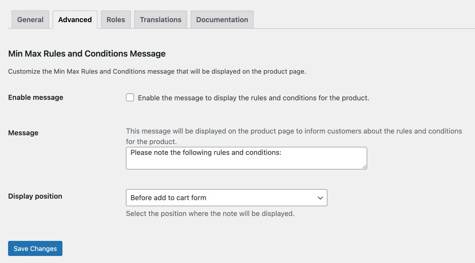 Min Max Rules and Conditions Message