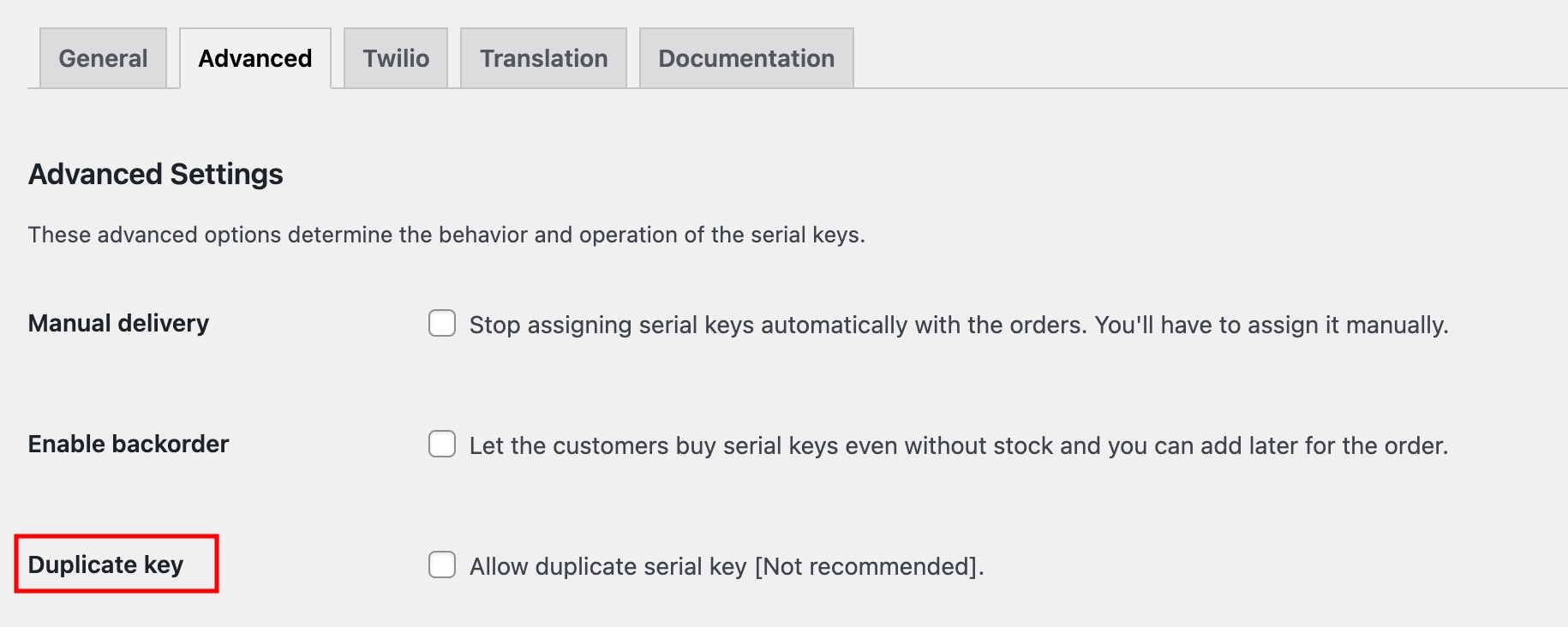 Duplicate Key Setting