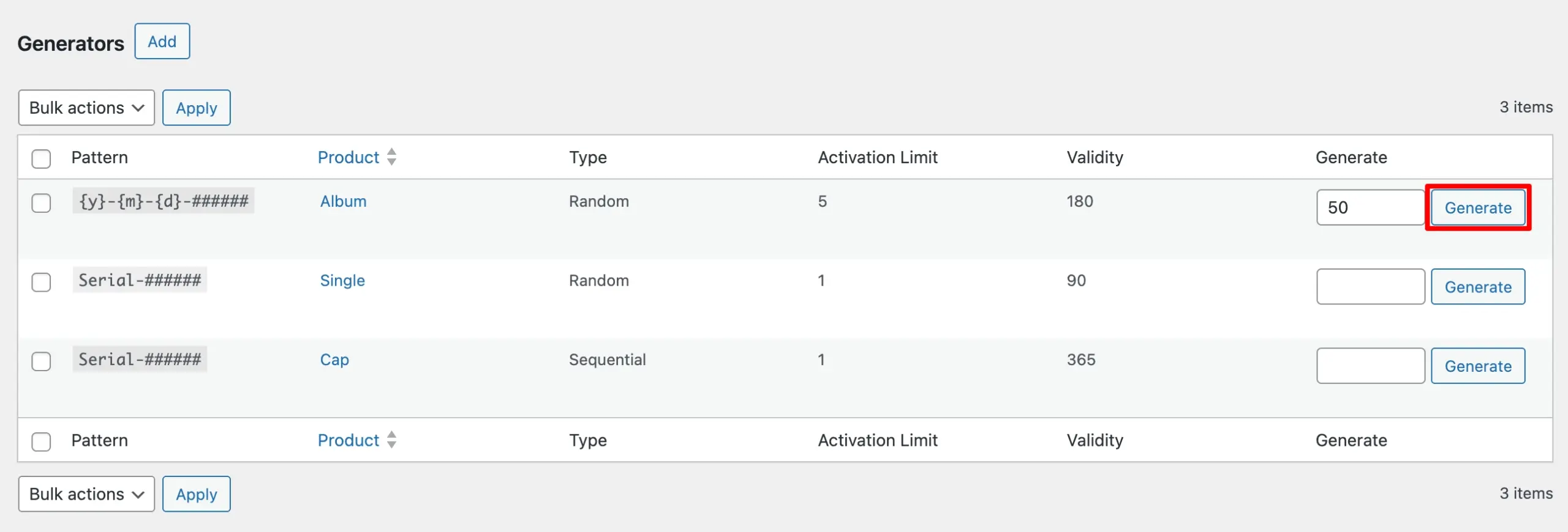 Generate Bulk Keys