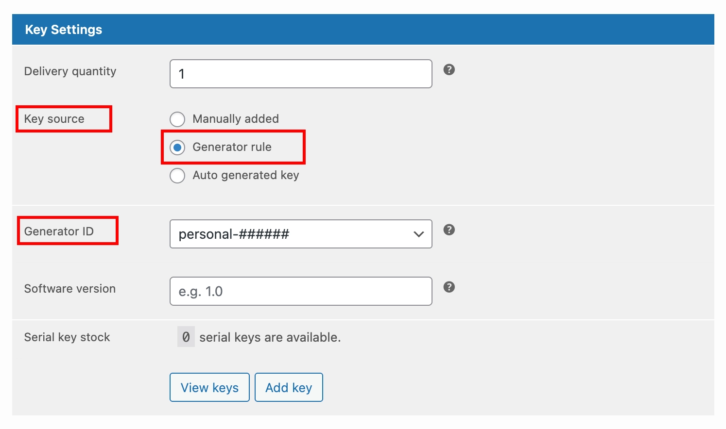 Key Source set to Generator Rule