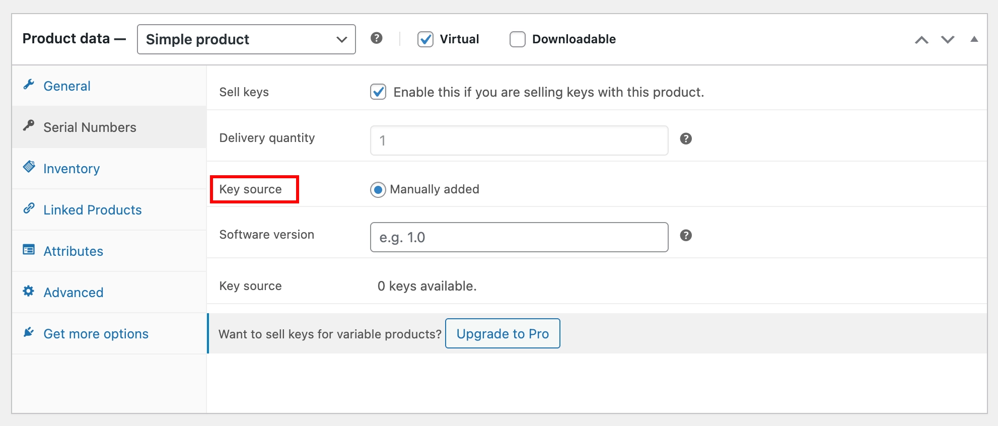 Key Source set to Manually Added