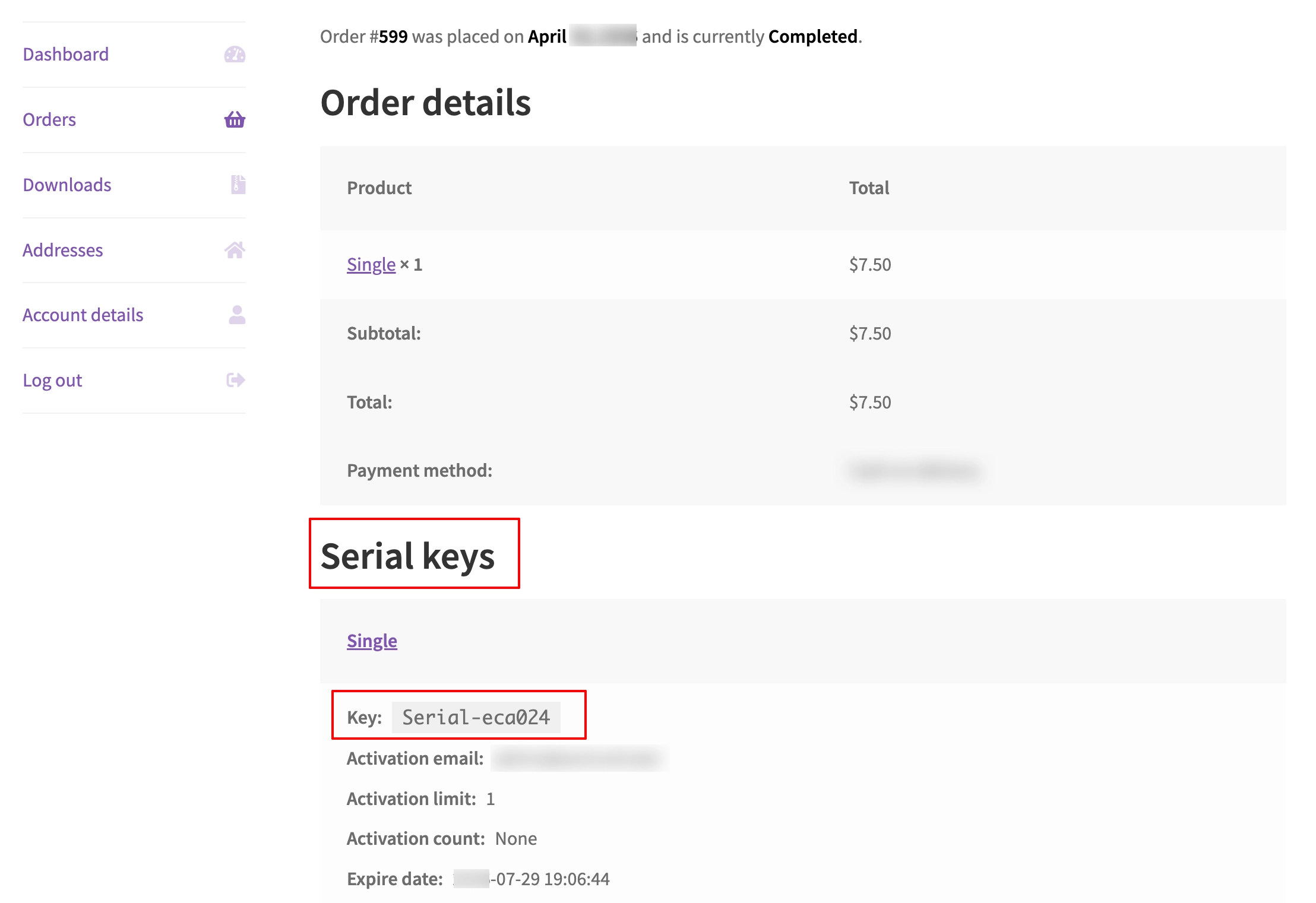 My Account Order page