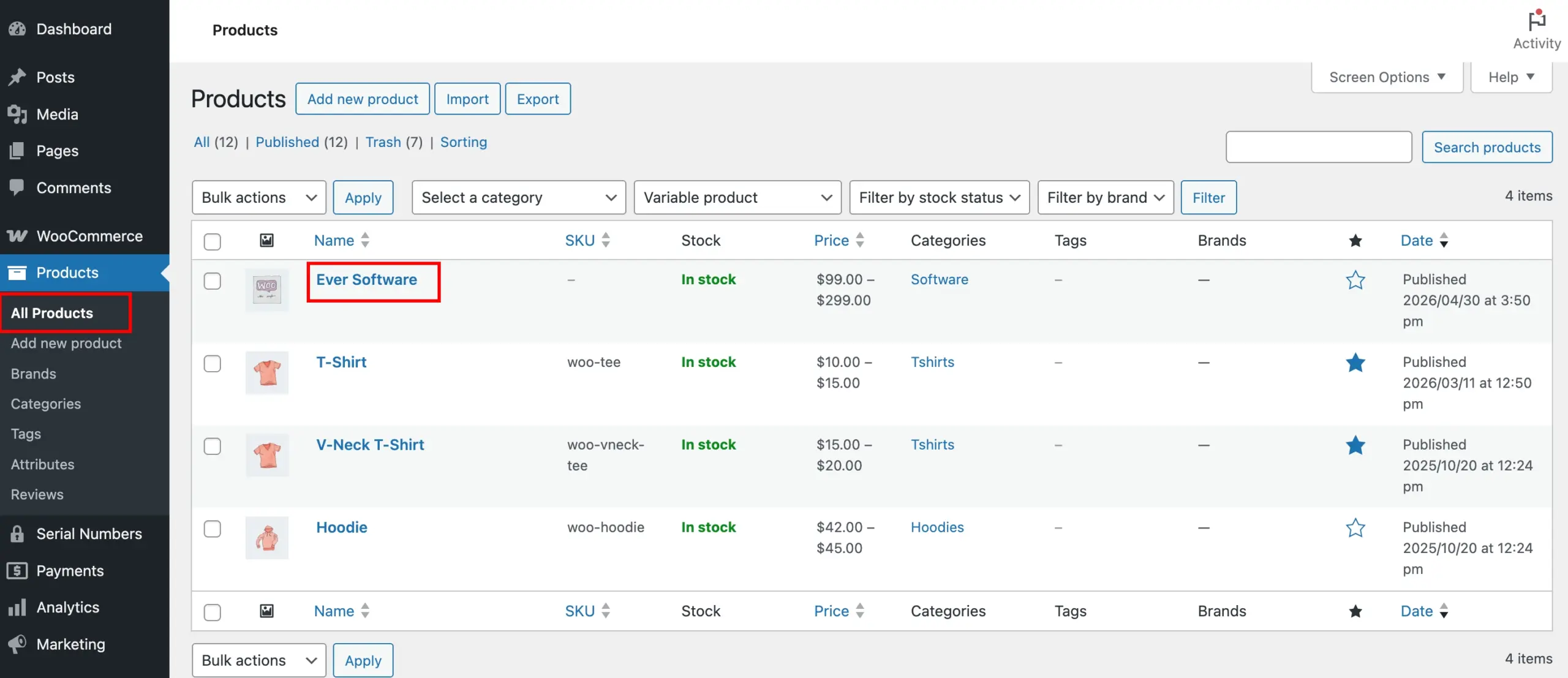 Variable Product List