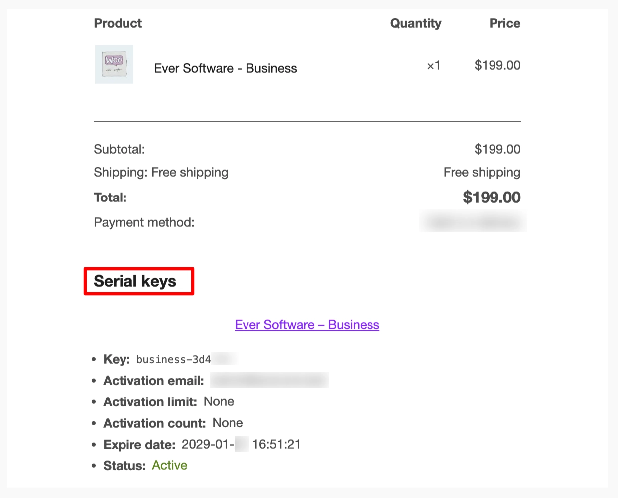 Key delivered in Email