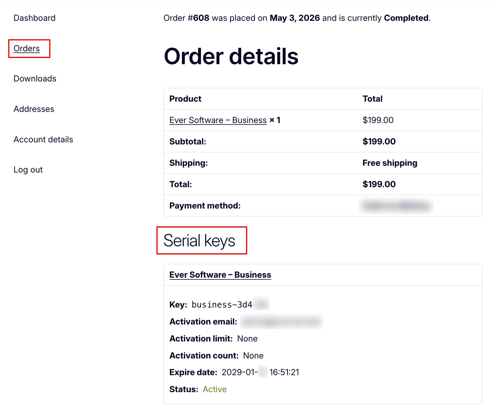 Keys visible on Customer's My Account page