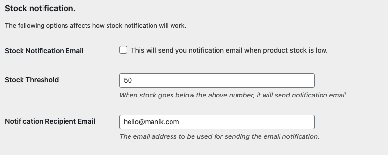Serial Number Settings for Stock Notification